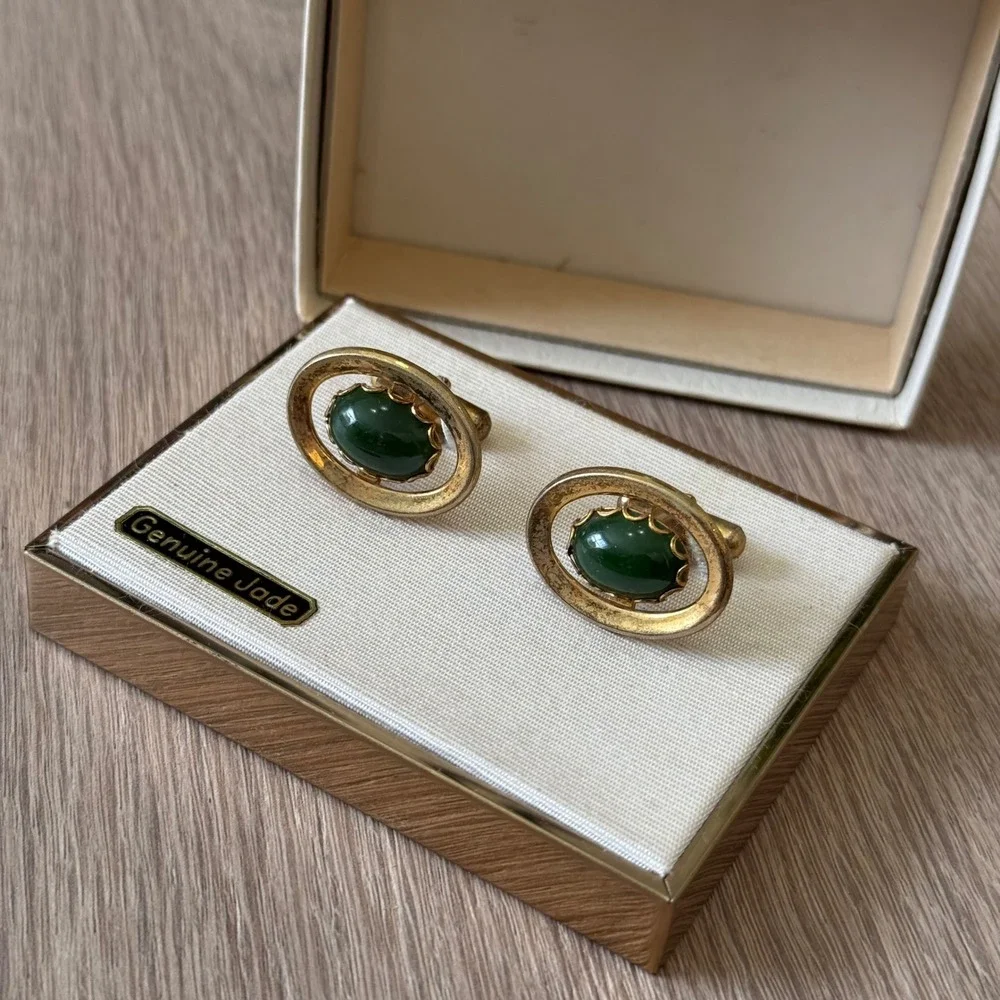 Vintage Genuine Green Jade Cufflinks Gold Green Tone‎ Oval Halo Cabochon Jewelry